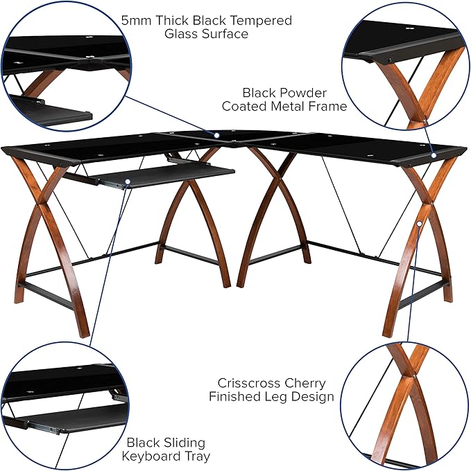 EMMA + OLIVER Black Glass L-Shape Corner Computer Desk with Pull-Out Keyboard Tray