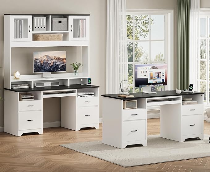 Bestier 59” Computer Desk with 4 Drawers Office Desk with Storage Modern Executive Desk with Charging Station Keyboard Tray &amp Wooden Pedestals on Both Sides for Home Office &amp Studio White