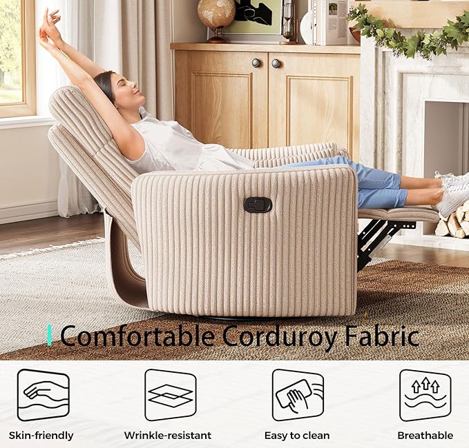 LINSY 360 Swivel Recliner Chair Nursery Glider Rocking Chair with 2 Pillows Corduroy Nursing Chair Comfy High Back Adult Rocker Recliner for Small Spaces Nursery Bedroom Living Room (Beige)