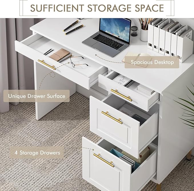 4 EVER WINNER White Desk with Drawers and Golden Handles 43 Home Office Desks with Drawers Computer Wrighting Table with Storage for Bedroom White and Gold Desk