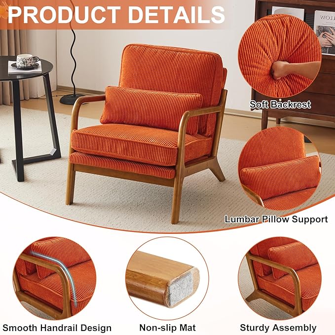 Karl home Mid-Century Modern Accent Chair Living Room Chairs with Pillow Corduroy Upholstered Lounge Armchair with Solid Wood Frame &amp Soft Cushion for Bedroom Reading Room Orange