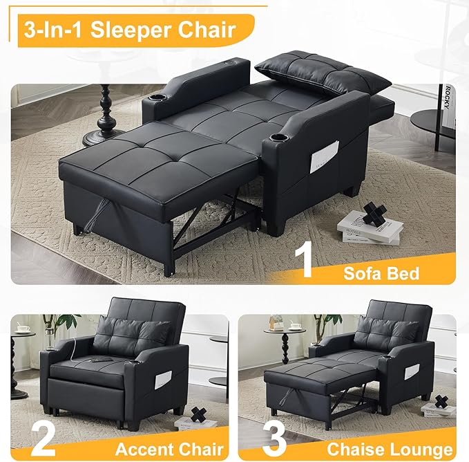 Karl home Sleeper Chair Convertible Sofa Bed with USB/Type C Ports 3-in-1 Pull Out Sofa Bed Adjustable Reading Chair with Cup Holders PU Leather Black