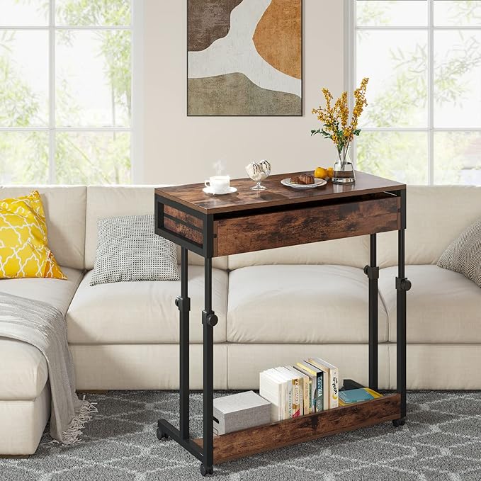 Tribesigns Portable Desk with Drawers Mobile Laptop Desk with Wheels Sofa Side Table Small Portable Standing Rolling Table for Home Office