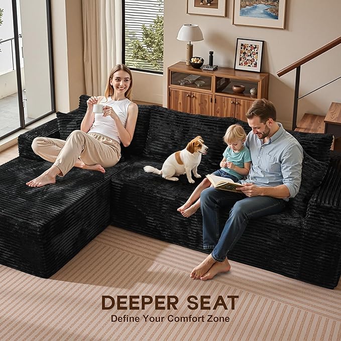 108 Boneless Cloud Couch Moudular Sectional Sofa with Deep Seat No Assembly Required Modern Minimalist Sofas with Chaise Comfy L Shaped Couches for Living Room Black