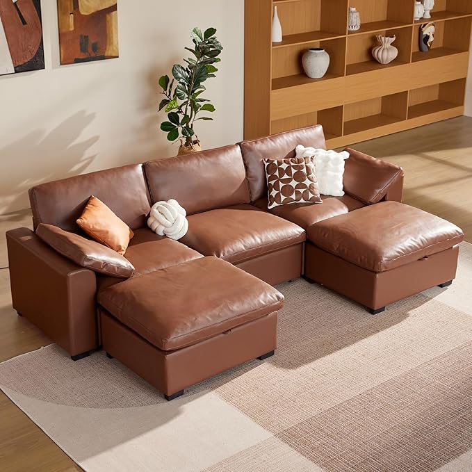 WEUP 120 Oversized Cloud Modular Sectional Sofa for Living Room 3 Seat U Shaped Cloud Couch with Storage Ottoman Premium Faux Leather Sofa Down-Filled Wide Deep Seat Tool Free Assembly Brown