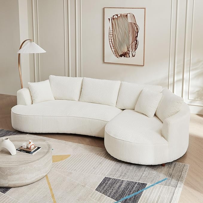 KEVINSPACE 122.04 Curved Sofa Modern Curved Couch Living Room Modular Sectional Sofa Set 4 Seat Sofa Mid Century Upholstered Couch Corduroy Fabric Sofa for Bedroom Apartment Right Hand Facing White