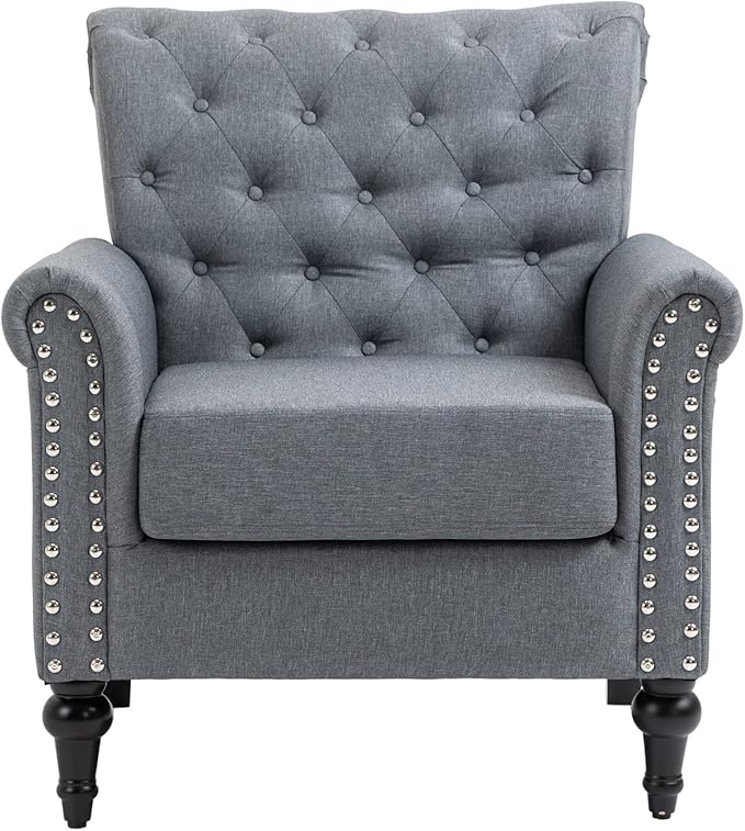 Mid Century Modern Accent Chair Linen Armchair wTufted BackWood Legs Upholstered Lounge Arm Chair Single Sofa for Living Room Bedroom Gray