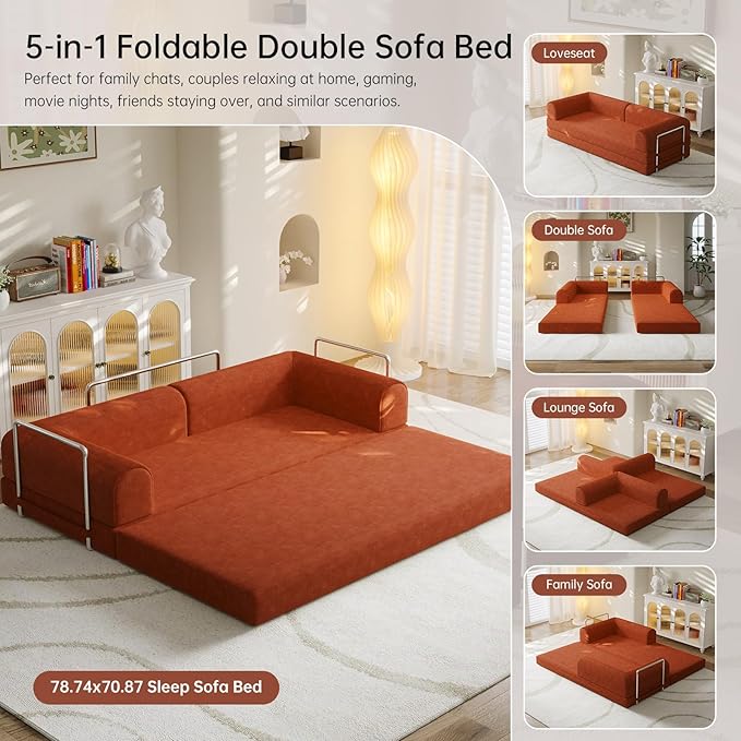 79” Convertible Sofa Bed 35D High-Density Foam&ampCorduroy Fabric Sleeper Couch Bed Fixed-Shape Frame &amp Removable ArmrestsModular Folding Small Loveseat Futo Sectional Funto Couch for Small S