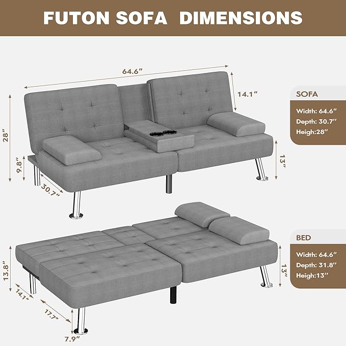 Homall Futon Sofa Bed Futon Couch with Removable Armrests Adjustable Recliner Sleeper Sofa Bed with Dual Cup Holders for Living Room Apartment Office (Fabric Light Grey)