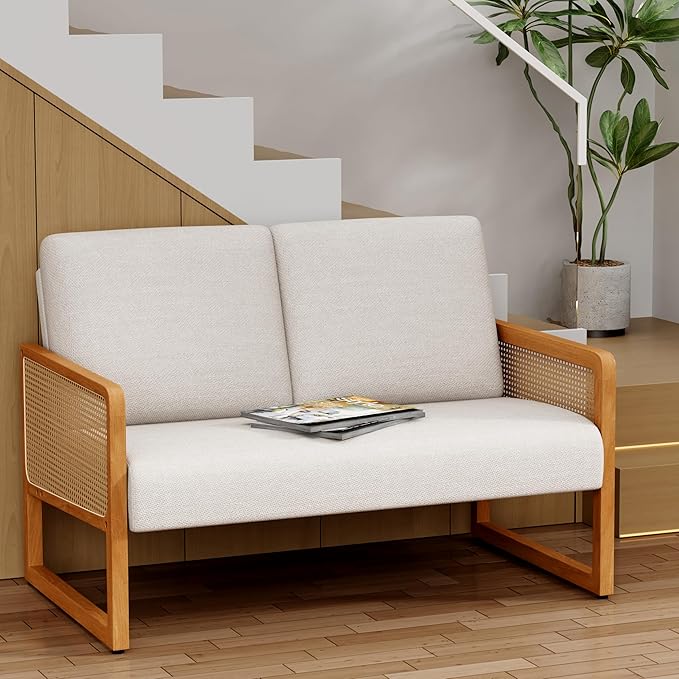 Alunaune Modern Loveseat Bench Couch with Natural Rattan Arm Upholstered Linen Small Love Seat Sofa 2-Seats Living Room Couch Settee Comfy Lounge Recliner Chair-Ivory