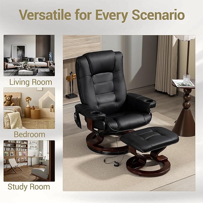 Massage Recliner with Ottoman PU Leather Reclining Chair w/ 8-Point Massager &amp Heated Solid Wood Base Indoor Lounge TV Chair with Foot Rest for Living Room Bedroom Black