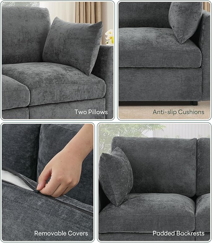 Sectional Couch for Living Room Comfy L Shaped Convertible Sofa 4 Seater Modern Chenille Sofa with Ottoman Grey