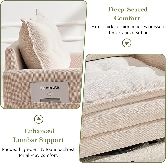 cinkehome Oversized Swivel Chair 36 Swivel Armchair Accent Chair for Living Room Mid Century Modern Thick Padded Arm Chairs Memory Foam Chenille Beige