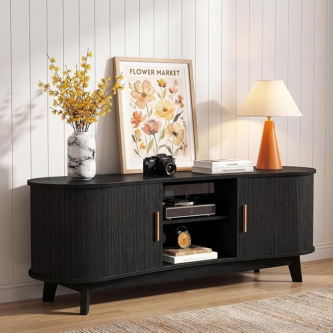 Mid Century Modern TV Stand for 65 Inch TVs Fluted TV Stands with Open Shelves and Sliding Door Media Cabinet with Power Outlet Entertainment Center with Storage for Living Room Black