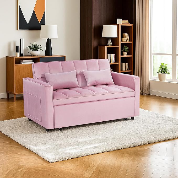 Sleeper Sofa Couch with Pullout Bed 54'' Velvet Futon Loveseat Sofa 3-in-1 Convertible Love Seat Couch for Living Room Apartment Chair Bed Sleeper for Adults (Pink)