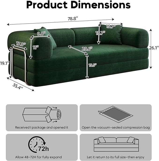 Convertible Sleeper Sofa Bed Corduroy Floor Couch Bed with Silver Fixed-Shape Frame Modern Modular Sofa with Pull Out Bed Loveseat Sleeper Boneless Couch for Living RoomGreen