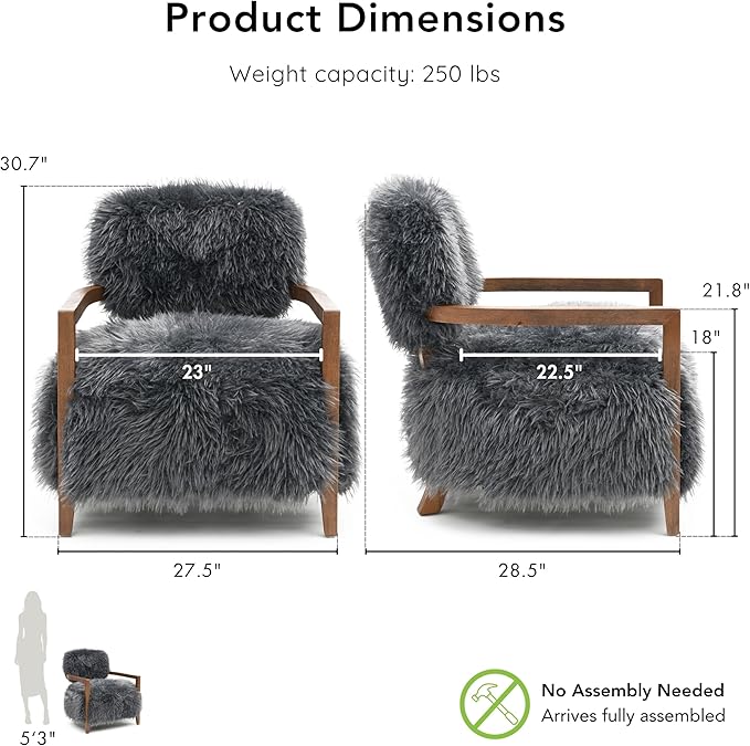 Furniture of America Ramos Modern Accent Chair with Ultra Soft Faux Fur Long-Haired Accent Sofa Tight Seat and Back Single Couch Fluffy Living Room Seating No Assembly Needed Charcoal Gray