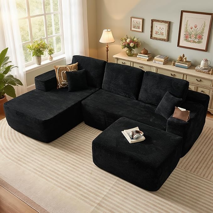 106 Cloud Sectional Couch with L-Shape Chaise &amp Ottoman No Assembly Modular Sofa Deep Seat Corduroy Boneless Couched for Living Room (Black Stripe Corduroy L Shape with Ottoman-Left Facing)