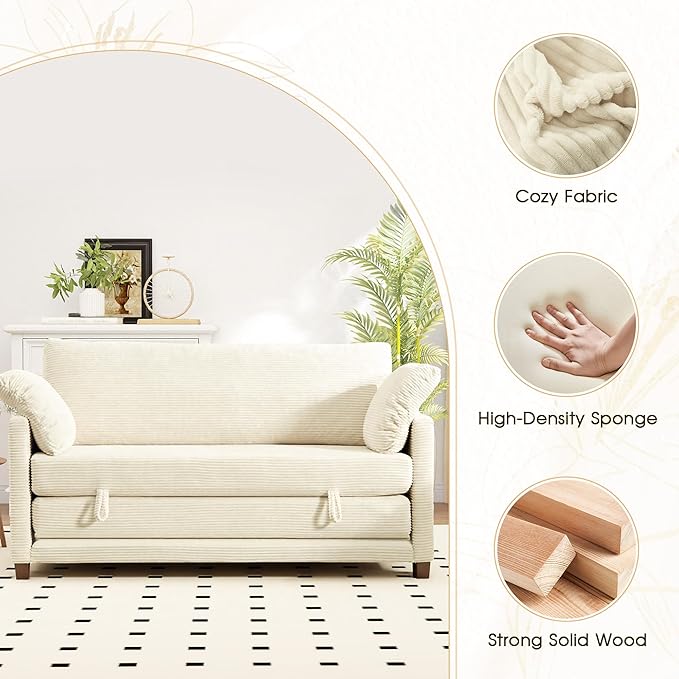 65 Convertible Loveseat Sofa Bed 2-in-1 Folding Sofa Bed with 2 Pillow for Small Spaces Modern Sleeper Couch for Apartment Living Room &amp Guest Room (Corduroy Beige 65 inch)