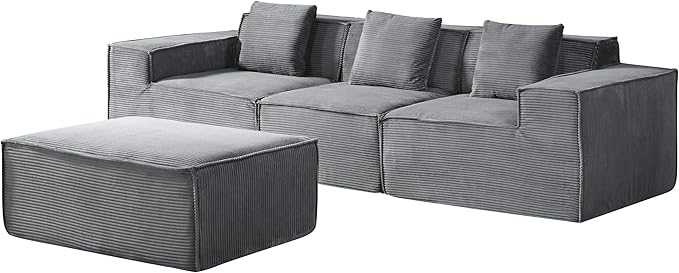 Rowan Convertible Corduroy Sectional Couch with Ottoman &amp Pillows Modular L Shaped Sleeper Sofa Boneless Cloud Couch for Living Room Furniture Dark Grey