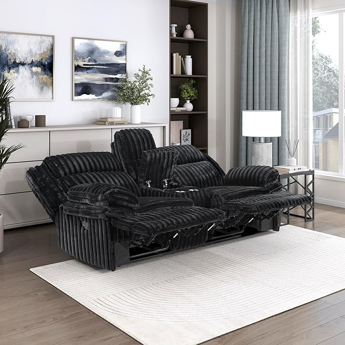 Lexicon Manual Double Reclining Loveseat with Center Console Corduroy Manual Wall Hugger Recliner Couch Pillow Top Arms Cup Holders Hidden Storage Cozy Loveseat for Living Room Black