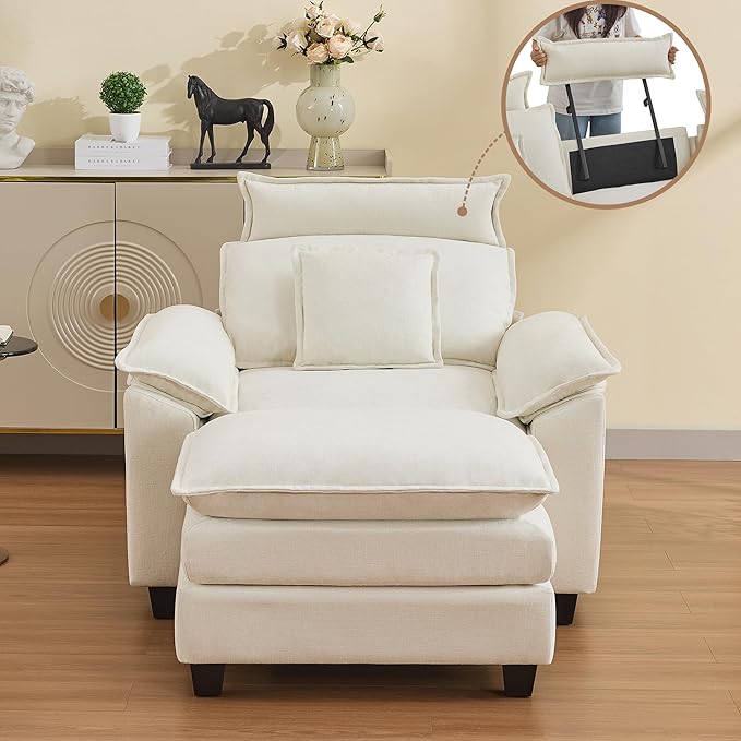 46''Cloud Oversized Sofa Chair with Detachable Headrest Upholstered Comfy Arm Accent Chair with OttomanModern Chenille Reading Lounge Armchair for Living RoomBedroom Beige