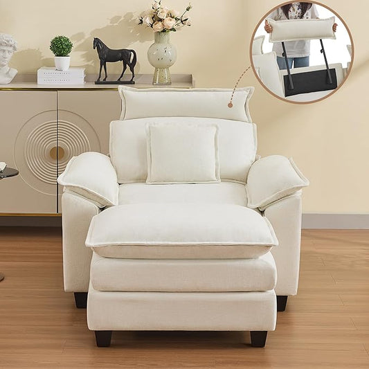 46''Cloud Oversized Sofa Chair with Detachable Headrest Upholstered Comfy Arm Accent Chair with OttomanModern Chenille Reading Lounge Armchair for Living RoomBedroom Beige