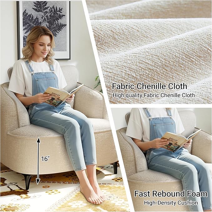 36 Lounge Chair with Metal Leg Accent Chair with Plush Chenille Upholstery Ergonomic Back &amp Boneless Comfort for Living Room Bedroom Office No-Assembly Beige
