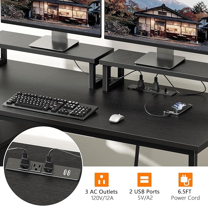 Furologee 47 Computer Desk with File Cabinet and Power Outlets Home Office Desk with 2 Monitor Stands and Storage Drawer Gaming Table with Shelves and 2 Hooks for Bedroom Black