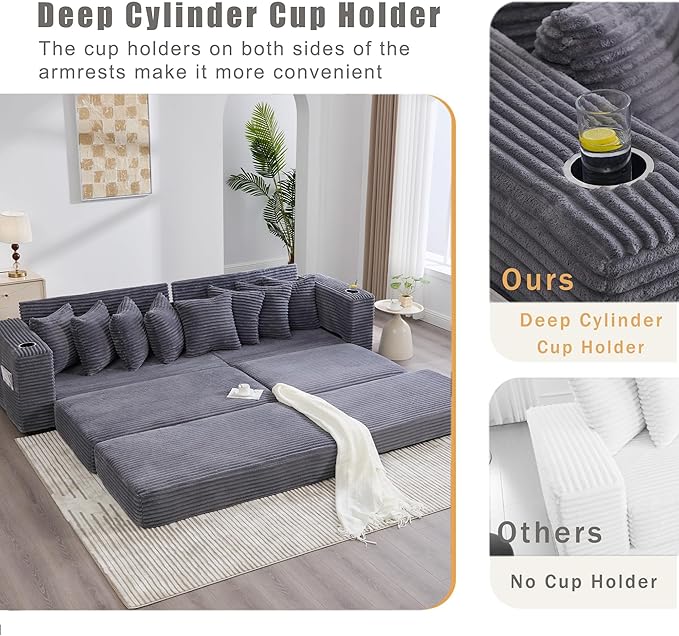 Oversized L-Shaped Modular Sectional Sofa Couch with 8 Pillows Convertible Corduroy Sleeper Sofa Bed with Cupholders &amp Storage Pockets Cloud Couch with Movable Ottoman for Living Room Dark Grey