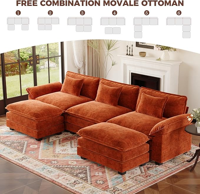 HUSFU 120 Cloud Couch Modular Sectional Sofa with Ottoman 3-Seat Modern Chenille Upholstered U-Shaped Deep Seat Sofa Couch for Living Room Bedroom and Apartment Orange