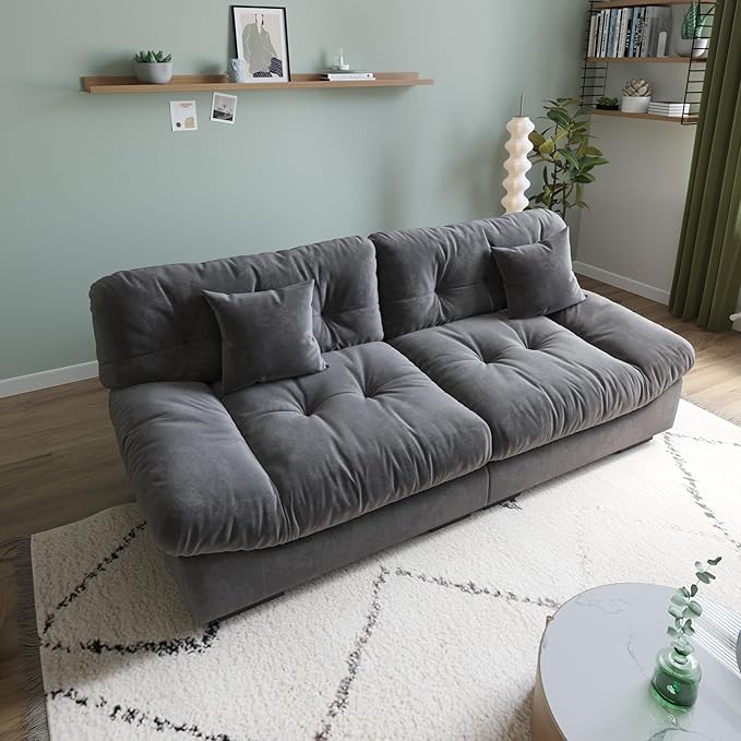 JACH 89 Oversized Deep Sectional Couch Minimalist Love Seat Couches Sectional Sofas with Thick Cushion Comfy Corduroy Sofa with Two Pillows for Living Room Apartment Office Grey