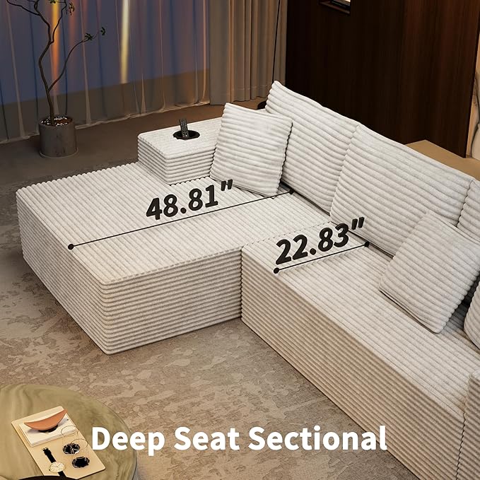 104.3 Modular Sectional Sofa Beige Boneless Couch Left Chaise L Shaped Couch with USB Ports 2 Cup Holders 2 Side Storage Bags &amp Lint Remover No Assembly Sectional Couches for Living Room