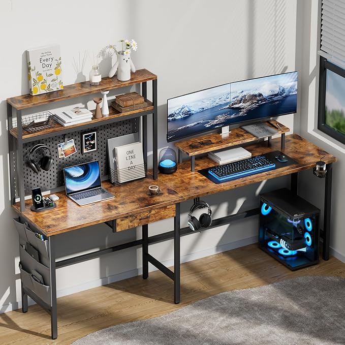 HLDIRECT L Shaped Desk with LED Light &amp Power Outlet 59 Inch Reversible Corner Gaming Desk with Storage Shelves &amp Drawer Computer Table with Monitor Stand Home Office Work Study Rustic B