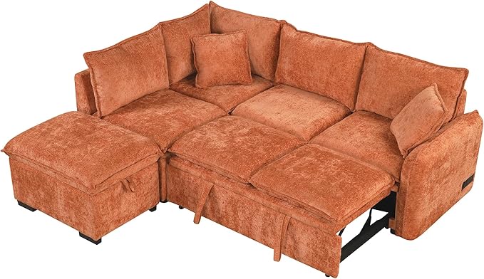 82.67 Convertible Sofa Bed Sectional Sofa Sleeper Chenille L-Shaped Sofa with Movable Storage Ottoman and 2 Pillows Pull-Out Sofa Bed Corner Couch for Living Room Office Apartment (Orange-CV)