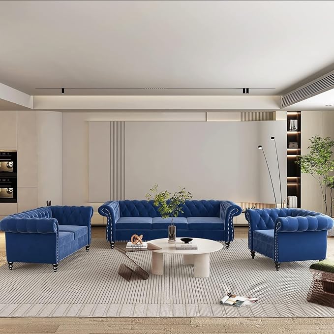 AVZEAR 3 seat Sofa Velvet Living Room Large Sofa Modern Chesterfield Fabric Modern 3 Seater Couch Furniture Classic Tufted Chesterfield Settee Sofa Blue