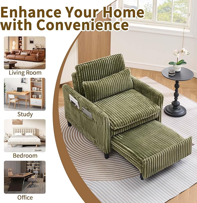 Modern Corduroy Fabric Sofa Bed Futon3 in 1 Convertible Pullout Bed Sleeper Couches with 3 Reclining BackrestsSmall Sofa Chair Bed for Living Room Bedroom (Green)