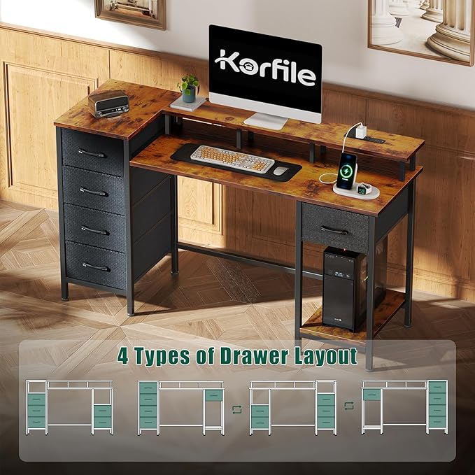 55 Inch Computer Gaming Desk with Power Outlets LED Lights Reversible Home Office with Adjustable Fabric Storage Drawers for Working Writing Study Rustic Brown