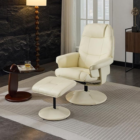 Ergonomic Recliner Chair with Ottoman for Adults 360° Swivel Massage Lounge Chair with 5-Point Vibration &amp Heated Seat140° Adjustable PU Leather Recliner for Living Room Office (Beige+PU Leather