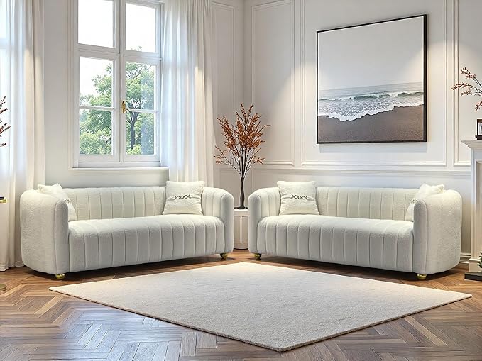 Modern Lambswool Loveseat Sofa Couch for Living Room 84 Comfy Upholstered 3 Seater Sofa Couch with Gold Metal Legs &amp 2 Pillows Luxury Sectional Sofa for Bedroom Office Apartment Creamy-White