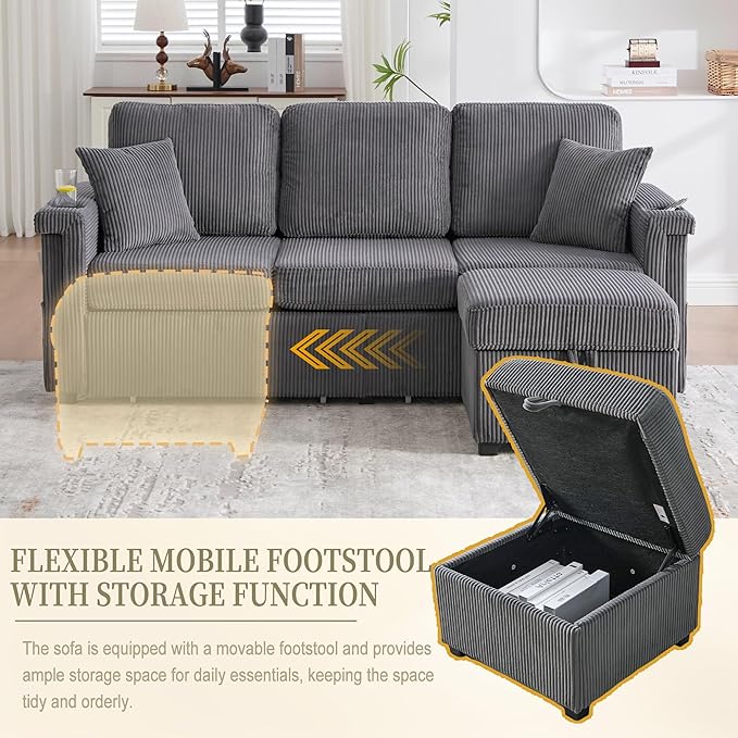 76'' Sectional Sofa Couches for Living Room 3 Seat L-Shaped Couch with Storage &amp Ottoman Corduroy Convertible Sofas with Chaise Apartment with USB Charging Cup Holder (Dark Grey)