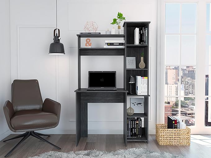 Writing Desk with Hutch and Shelves Two Superior Shelves Five Cubbies for Home Office Living Room-Smokey Oak