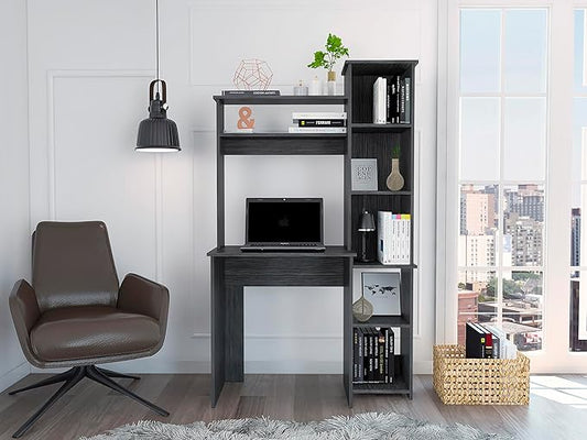 Writing Desk with Hutch and Shelves Two Superior Shelves Five Cubbies for Home Office Living Room-Smokey Oak