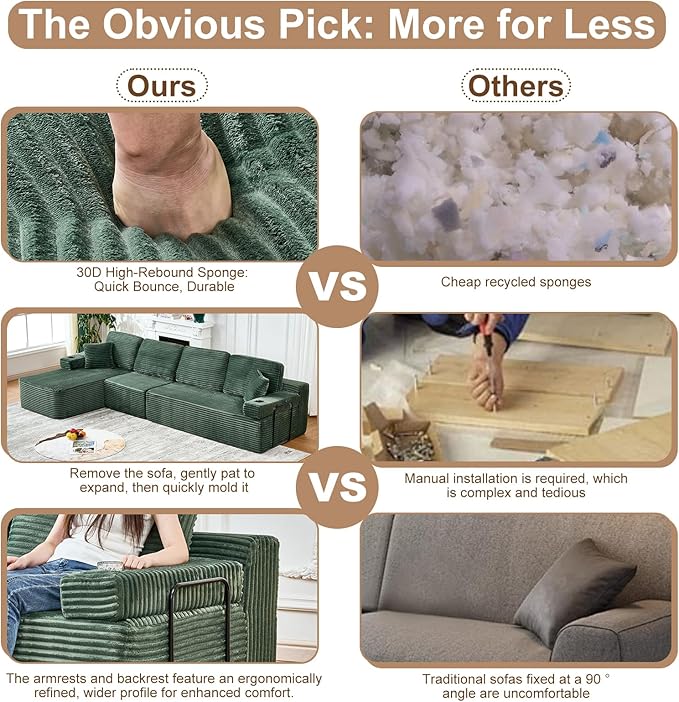 Cloud Sectional Couch with L-Shape ChaiseModern Minimalist Upholstered Couches with Deep SeatCorduroy Boneless Couches for Living Room Bedroom (Green 105 L-Shaped Left Chaise)