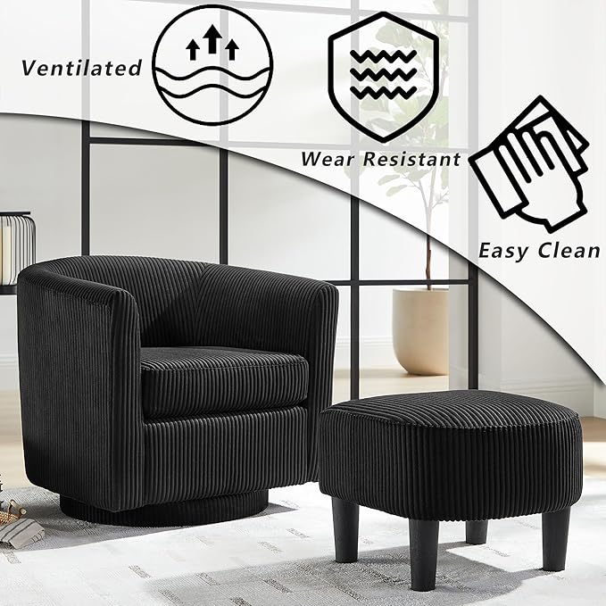 Corduroy Swivel Accent Chair with Ottoman Round Barrel Chair with Armrest Comfy Reading Chair for Living Room Bedroom Office (Black)