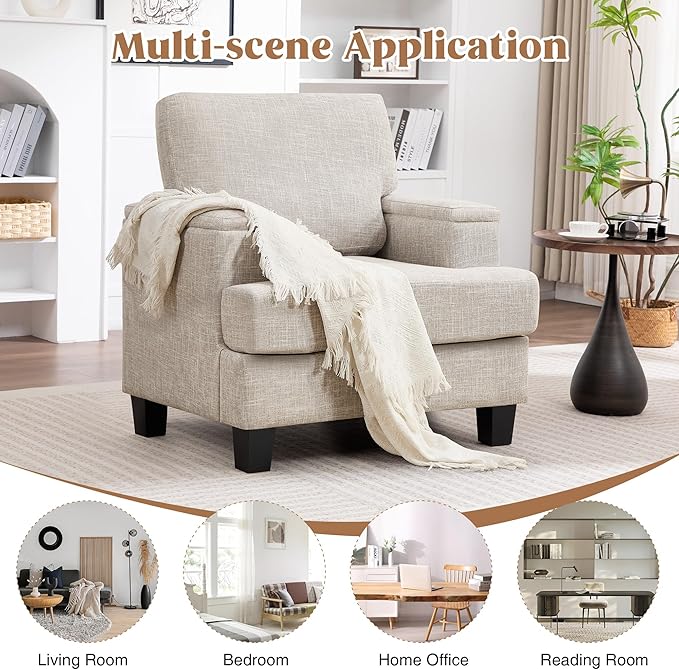 Beige Accent Chair with Armrest Storage Modern Upholstered Reading Living Room Chairs Comfy Large Armchair Fabric Single Sofa Chair for Bedroom