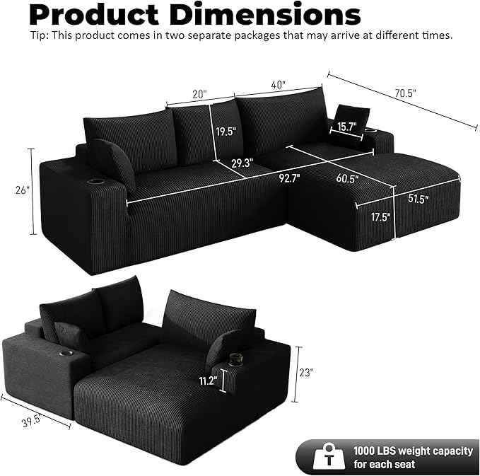 113 Modular Sectional Sofa Cloud Couch Modern Deep Seat Fluffy Corduroy Boneless Couch with Cup Holder Comfy L Shaped Sectional Couches for Living Room Bedroom. (Right Facing Black)