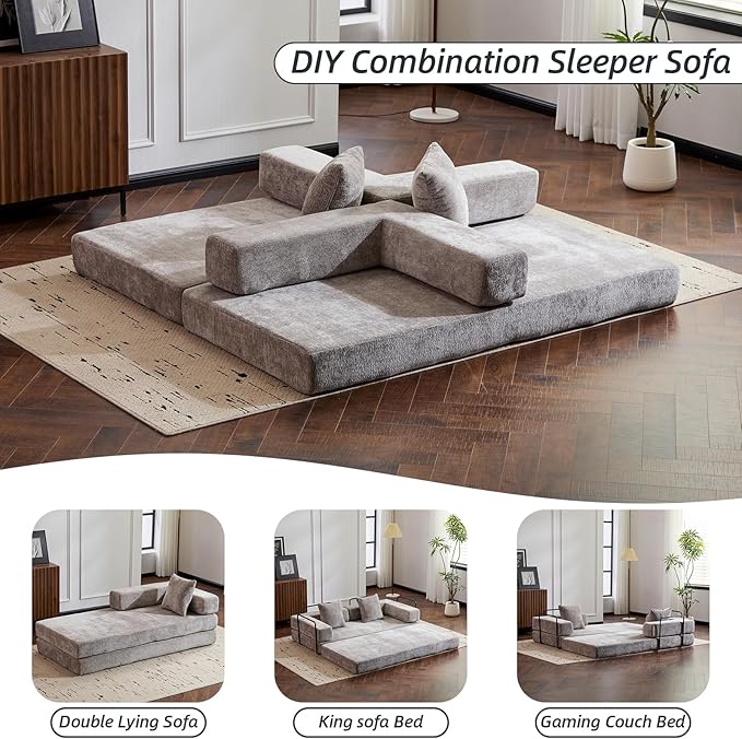 Folding Sofa Bed Convertible Sleeper Sofa Chenille Floor Couch with Pillows Fold Out Couch King Size Bed Futon  Foldable Memory Foam Mattress for Living Room Bedroom Playroom (Light Grey)