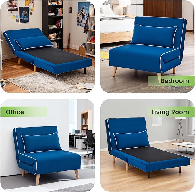 3-in-1 Convertible Sofa Bed Futon Sofa Bed with Pillow &amp Adjustable Backrest Recliner Sleeper Sofa for Small Spaces Living Room Bedroom or Office Blue 2 Set