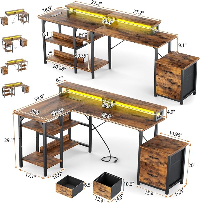 Office Desk L Shape with File Drawers&ampPower OutletYOUNGAR 69.3 Inch Reversible L Shaped Computer DesksCorner L Shape or Long Desk Set up Monitor Stand &ampStorage Shelves LED Lights &ampCPU S